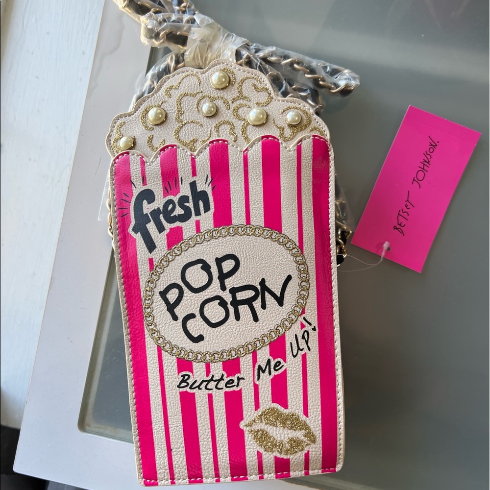 BETSEY JOHNSON VTG Popcorn Food Themed Pink Striped Crossbody Purse Bag